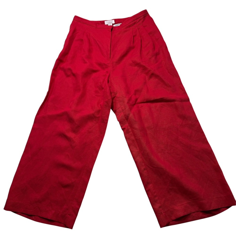 HM Red Wide Leg Linen Blend Trousers High Waisted Pleated Culottes Size 14 #154